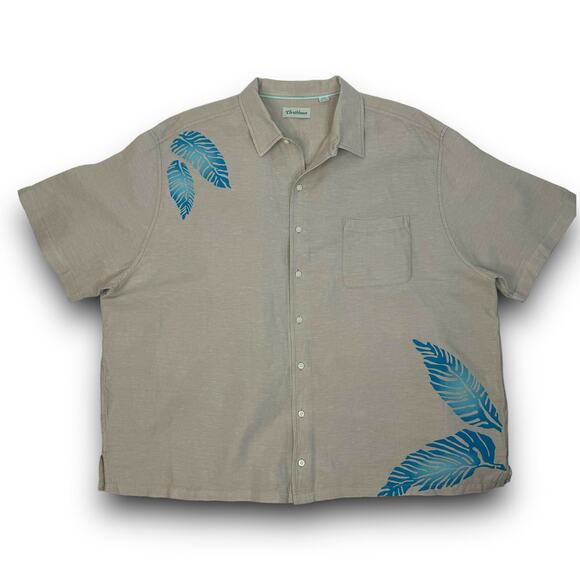Caribbean Mens Linen Blend Tan Short Sleeve Tropical Leaf Button Front Shirt 3XB - Picture 1 of 6